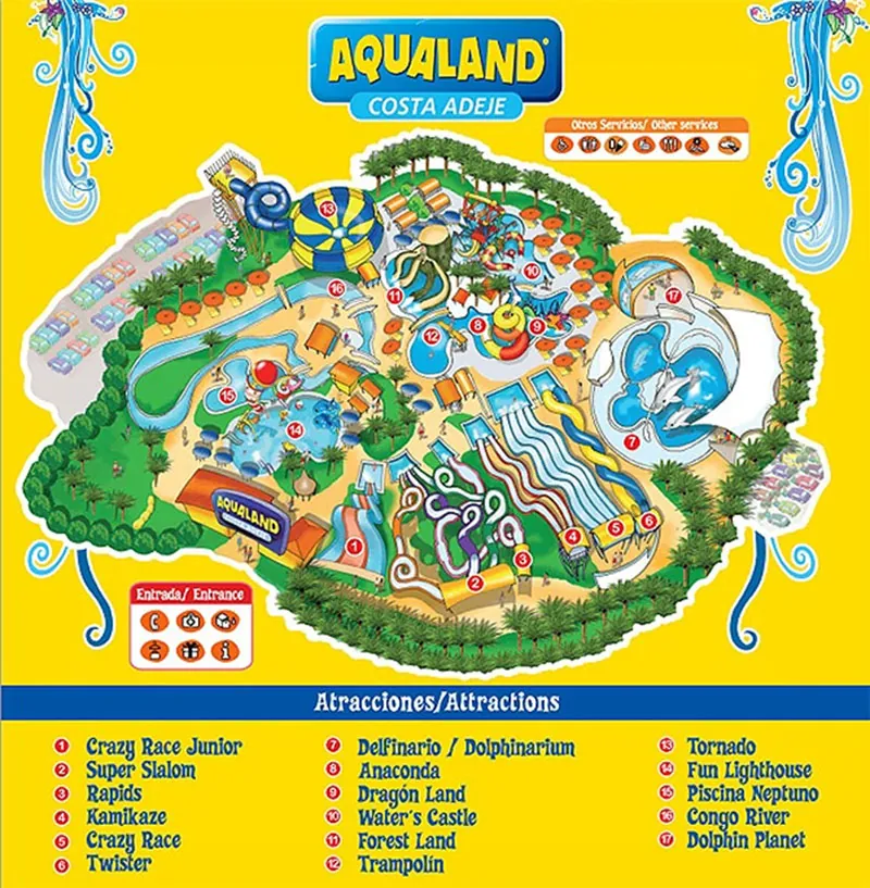 Illustrated map of the attractions at Aqualand Costa Adeje, with a key