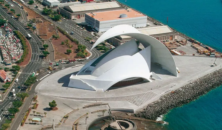 Aerial view of the seafront Auditorio de Tenerife, between the port and Santa Cruz’s streets