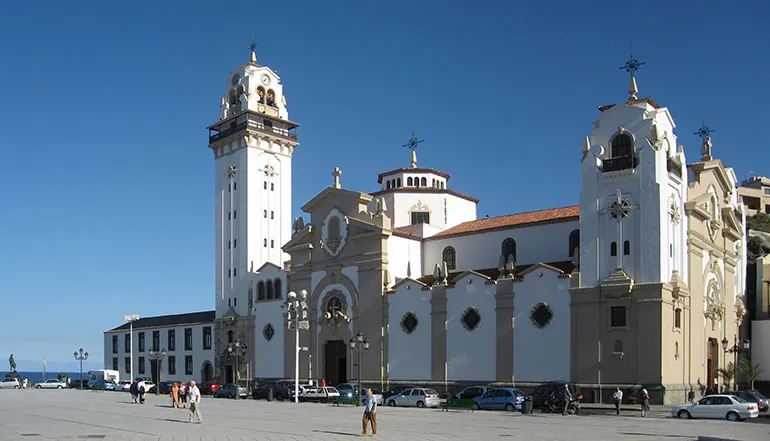 The Basilica of Our Lady of Candelaria with its bell tower and the square in front