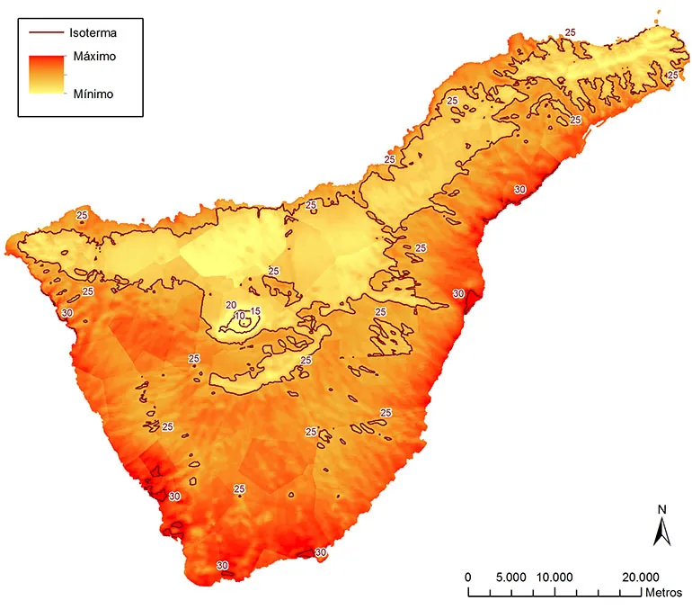 Temperature map of Tenerife with isotherms and a scale from minimum to maximum