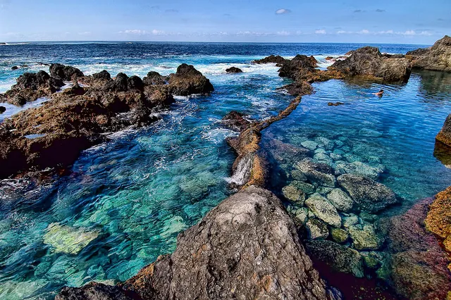 Crystal-clear water in the natural pools of El Caletón de Garachico, between lava rocks and ocean