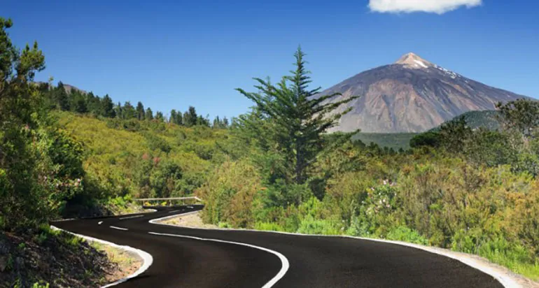 A winding road through pines and greenery towards Mount Teide under Tenerife’s blue sky
