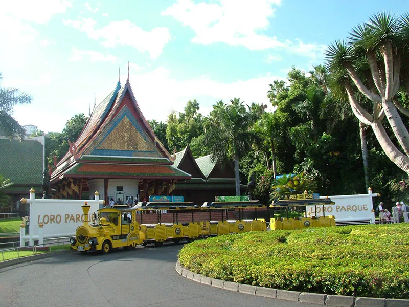 The entrance to Loro Parque, with the Thai-style pavilion and the little yellow train