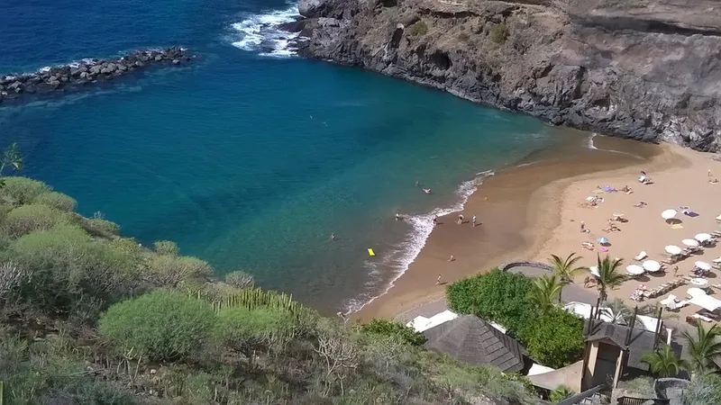 The golden-sand cove of Playa Abama with turquoise water, cliffs and parasols