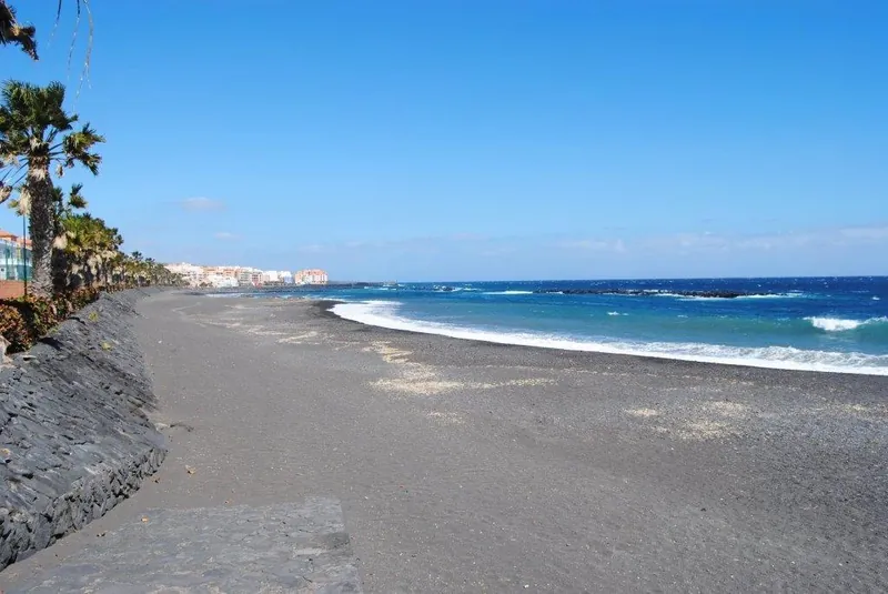 Black sand, a stone wall and palms along Playa del Cabezo, with the village behind