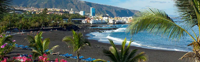 Playa Jardín among palms and flowers, with Puerto de la Cruz and the mountains behind