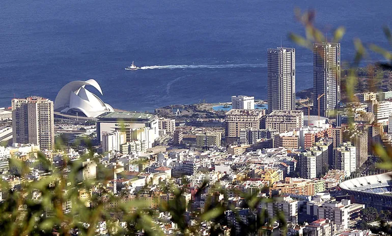 Santa Cruz de Tenerife from above, with the Auditorio, skyscrapers and the sea